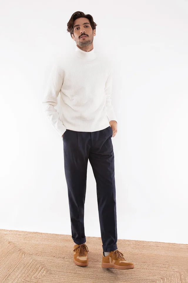 le-pantalon-pantalon-pinces-chaud-bleu-marine-flanelle-coton image 1