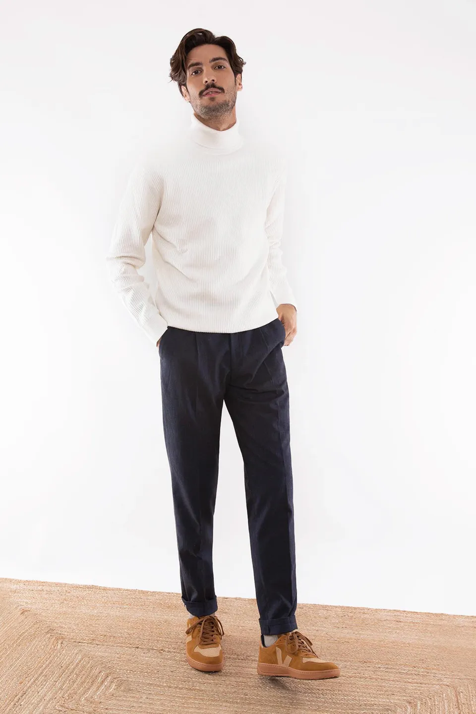 le-pantalon-pantalon-pinces-chaud-bleu-marine-flanelle-coton image 1