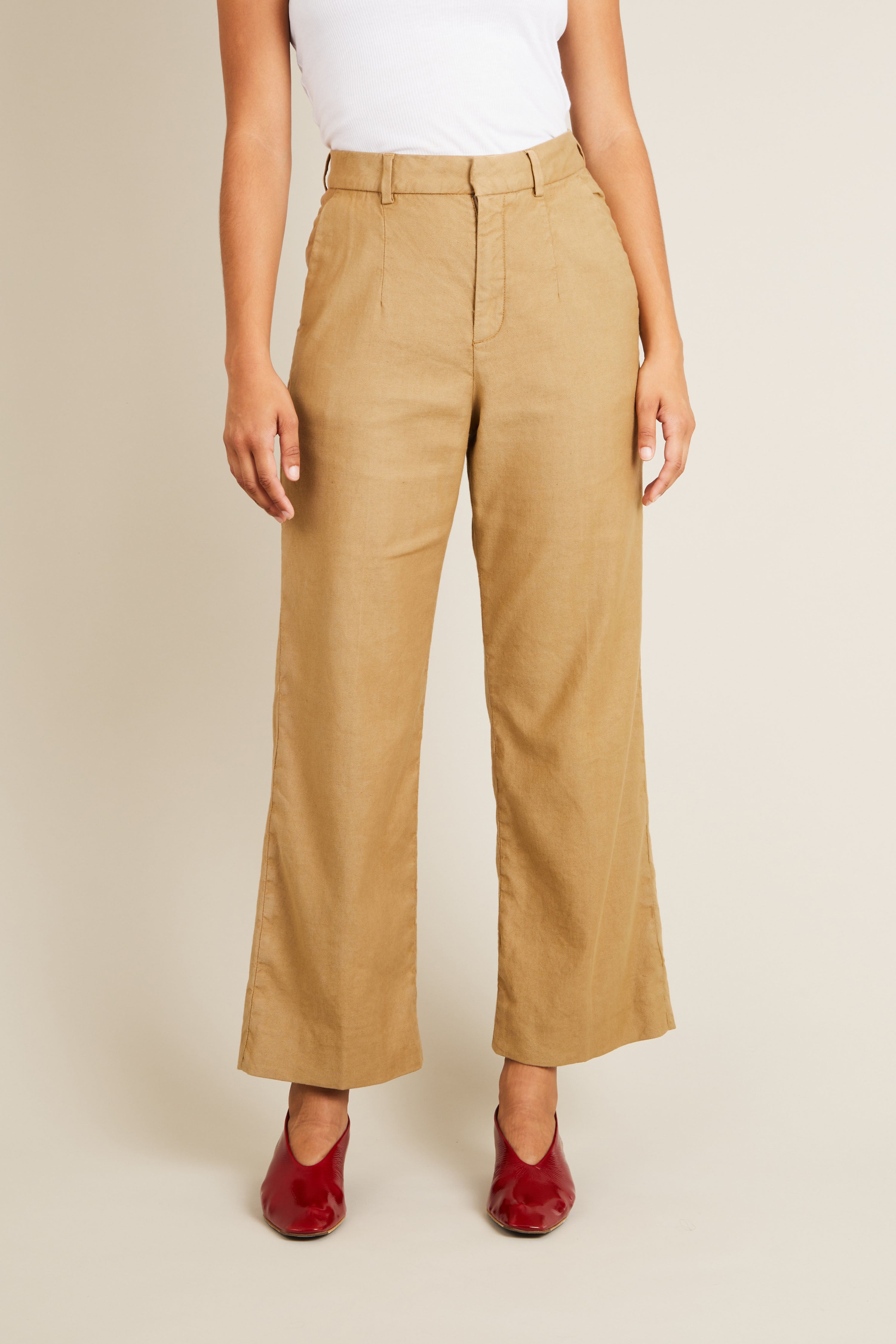 le-pantalon-flare-coton-lin-pantalon-beige-fonc-femme image 1