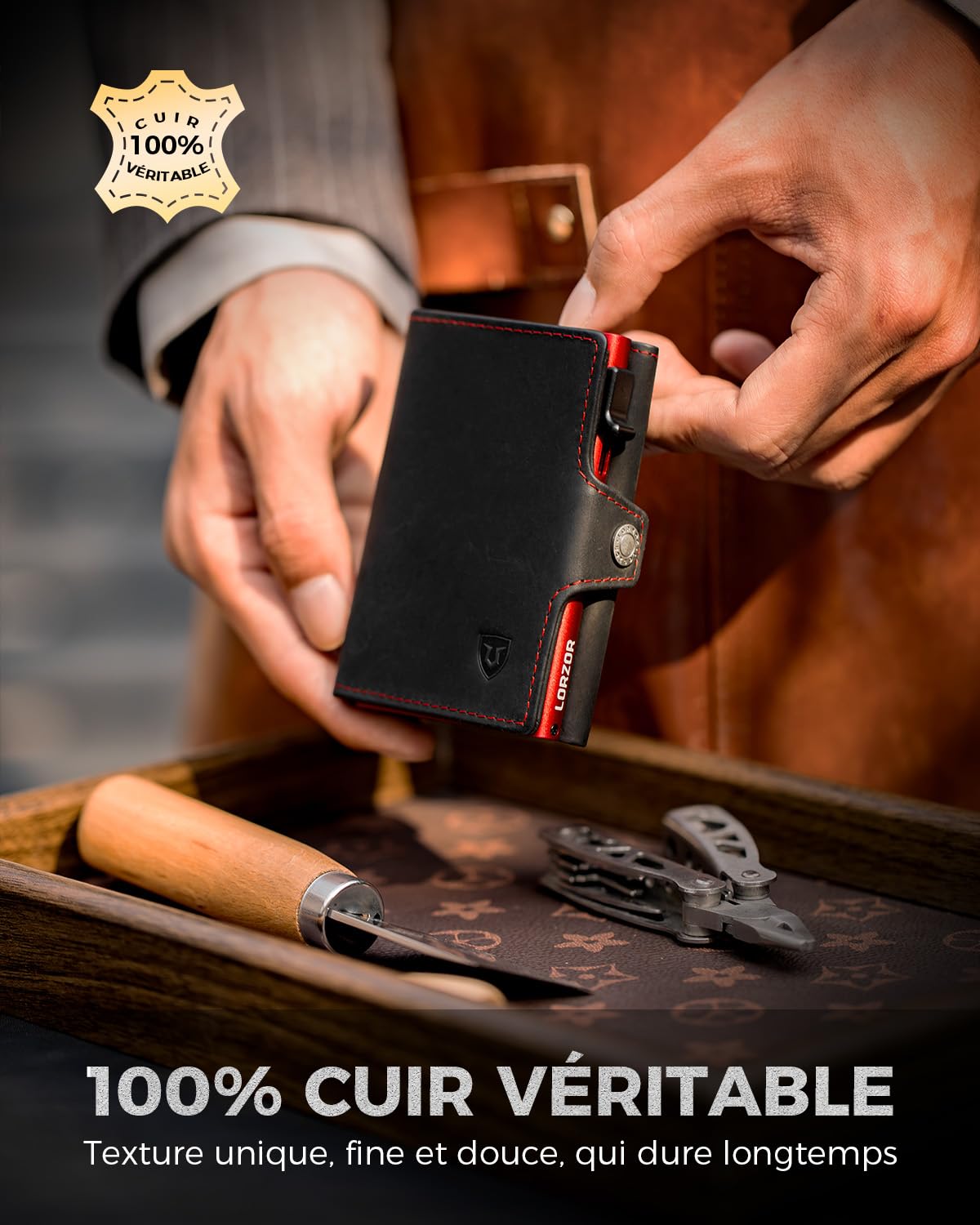 lorzor-porte-carte-homme-noir-rouge-cuir-rfid-10-cartes image 2