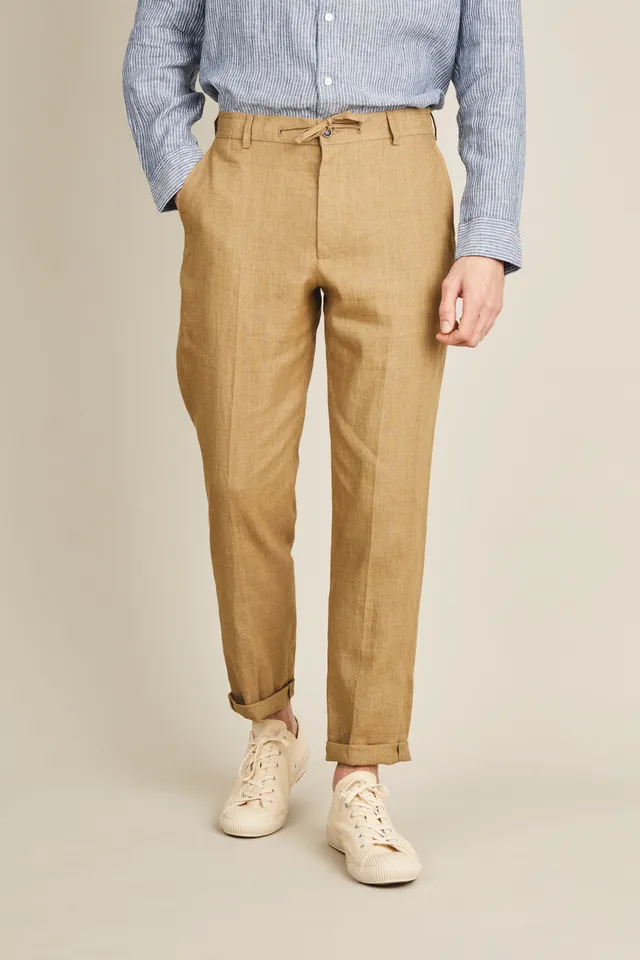 le-pantalon-lin-beige-fonc-chino-homme-coupe-carotte image 1