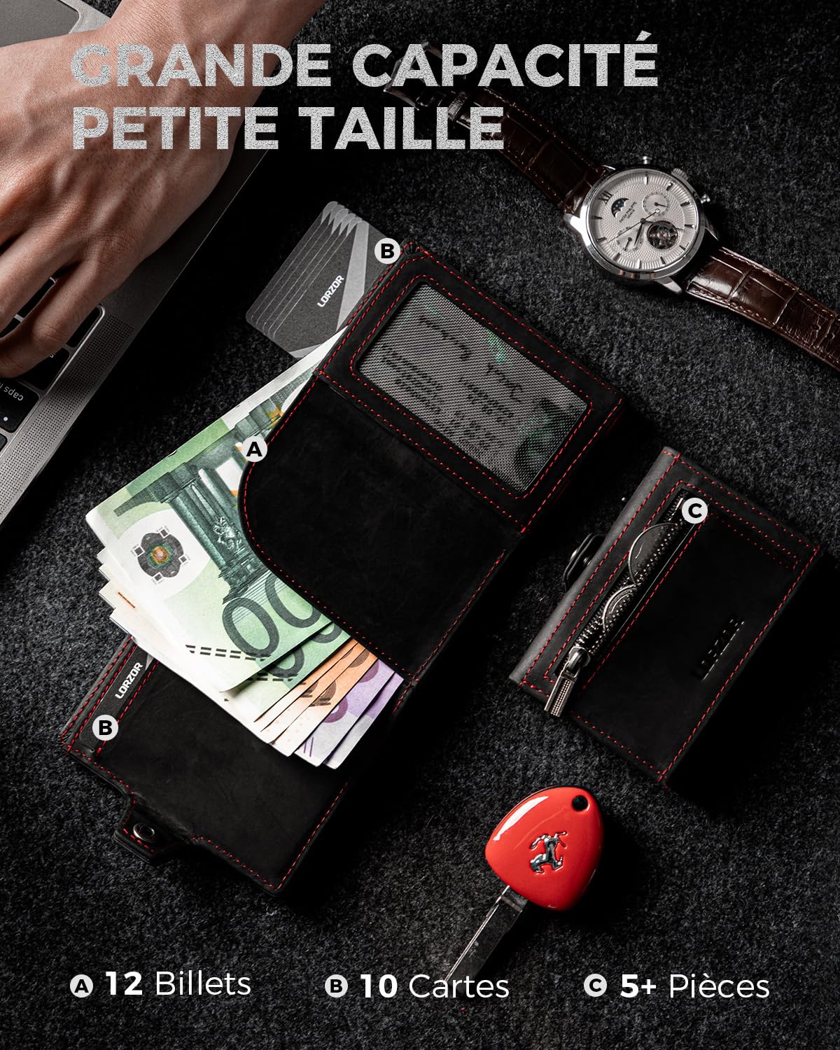 lorzor-porte-carte-homme-noir-rouge-cuir-rfid-10-cartes image 6