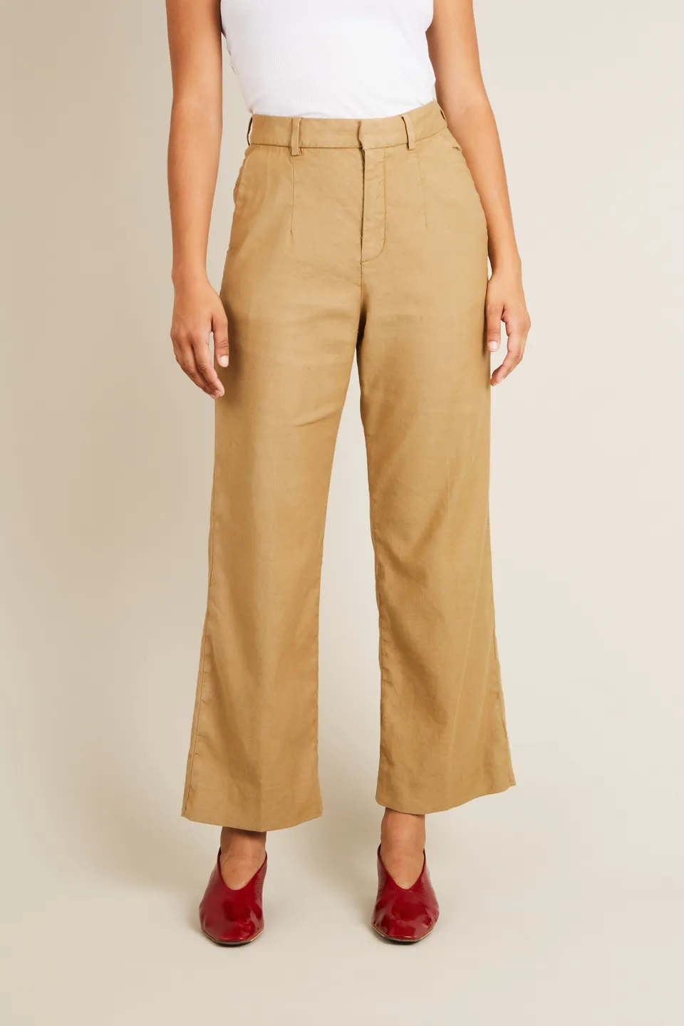 le-pantalon-flare-coton-lin-pantalon-beige-fonc-femme image 1