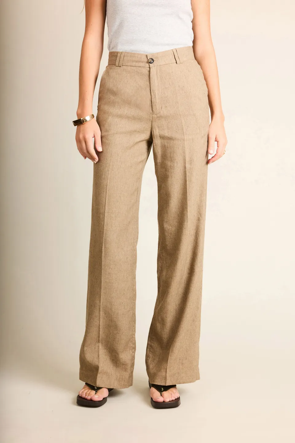 le-pantalon-pantalons-femme-wideleg-marron-clair-lin-l-ger image 1