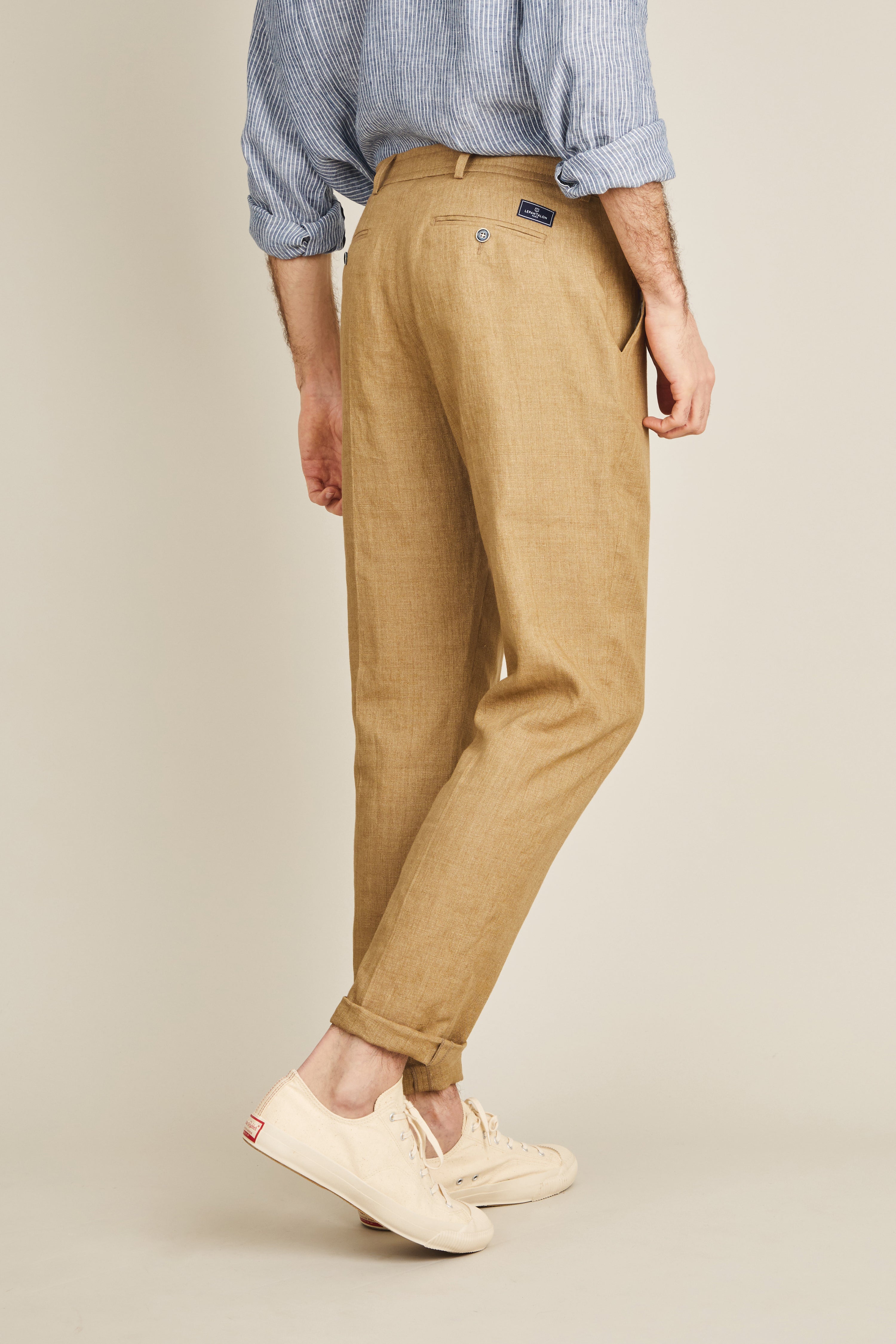 le-pantalon-lin-beige-fonc-chino-homme-coupe-carotte image 6