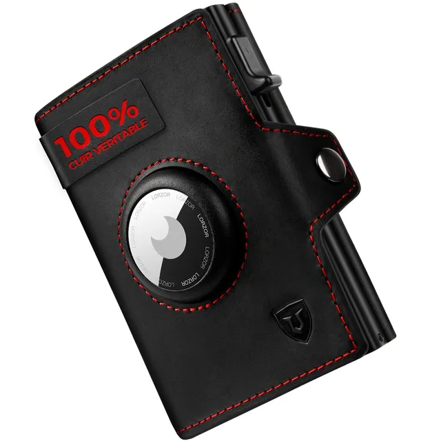lorzor-airtag-wallets-portefeuille-cuir-noir-rouge-10-cartes image 1